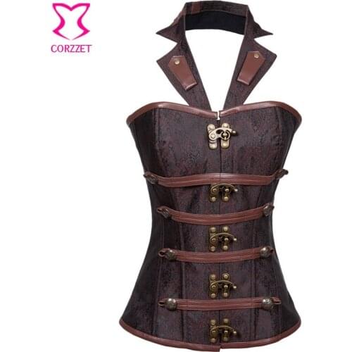 Brown Women Corset Brocade Steel Boned Waist Trainer Corset Gothic Halter Neck Sexy Bustier Steampunk Military Burlesque Costume