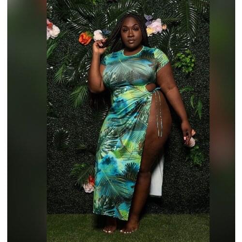 New Large Size Hot Style Womens Sexy European and American Print Split Round Neck Fashion Nightclub Skirt