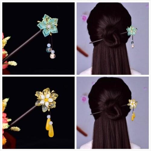 New Trend Coloured Glaze Flower Retro Hair Stick Classical Comfortable Wooden Hair Fork The Tang Dynasty Hanfu Hair Jewelry