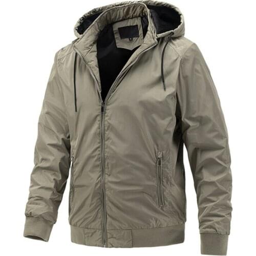 New Trend Mens Jacket Hooded Khaki Windbreaker Coat Spring Autumn Simple Waterproof Windproof Jacket Male Khaki Sportswear