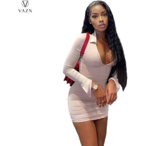 VAZN 2021 Lady New Fashion New Sexy Girl Style Short Dress Long Sleeve Lapel Dress Pure Color Deep V Mini Short Dress