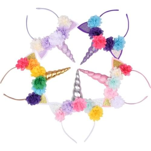 New Girl Rainbow Unicorn Headband Baby Girls Floral Unicorn Birthday Party Hair Accessories Kids Birthday Favor Photo Props