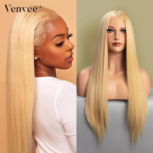 Venvee13*6*1 Lace front wigs Synthetic wigs silky #613 Blonde color T-Part Synthetic wigs silky straight daily use For Women