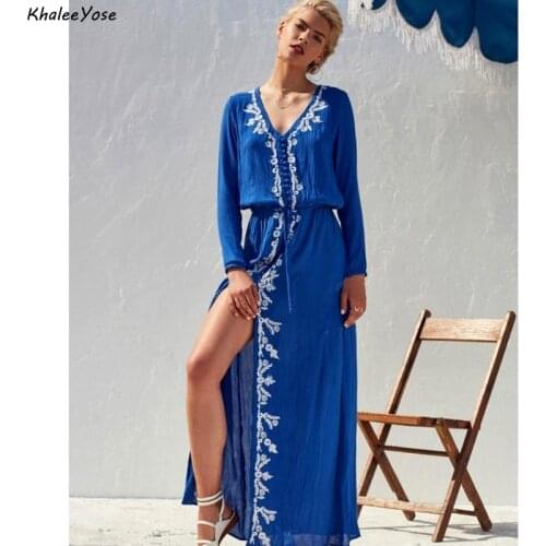 KHALEE YOSE Floral Embroidery Maxi Dress Blue Vintage Summer Boho Women Dresses V-neck Ladies Holiday Female Chic Dress New