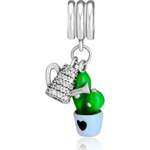 Fits Pandora Charms Bracelets Blooming Watering Dishgarden, Green, Blue Enamle Beads 925 Sterling-Silver-Jewelry