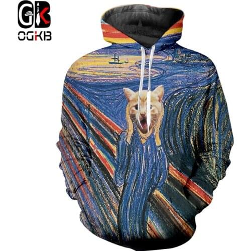 OGKB Male Pullover New Long 3D Hoody Print Galaxy Space Cat Streetwear Oversized Clothing Hombre Autumn Hoody Wholesale Lots