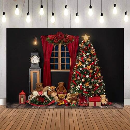 Christmas tree bears Backdrop for Photography Props Night Sky Windows Portrait Background for Photo Stduio Vintage Bg Clock Prop