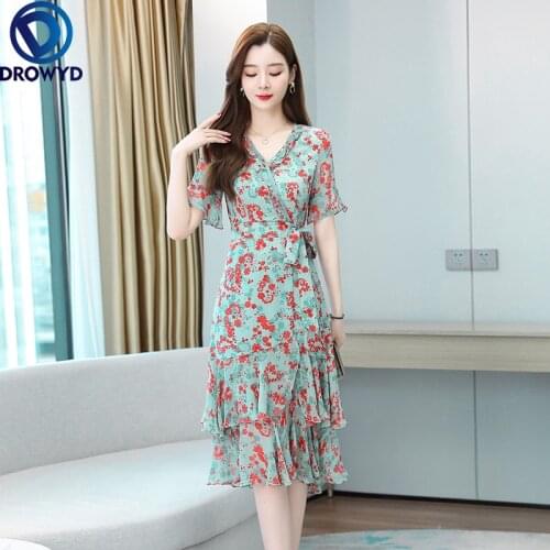 Crystal Beaded V-neck Wrap Ruffles Dress Short Sleeved Self-tie Belt Elastic Waist Calf-length Blue / Pink Floral Chiffon Dress