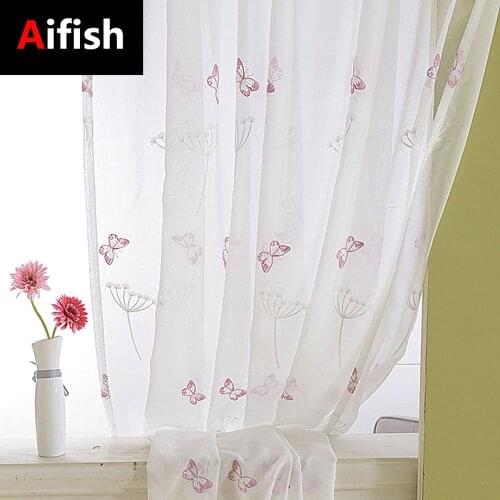 Embroidered Butterfly Dandelion Pink Floral Tulle Curtains Kitchen Bedroom Sheer Linen Drape Panels Kids Girls Room Decoration 4