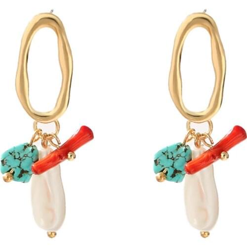 FYSL Light Yellow Gold Color Irregular Green Turquoises Stone and Pearls Stud Earrings Red Coral Jewelry