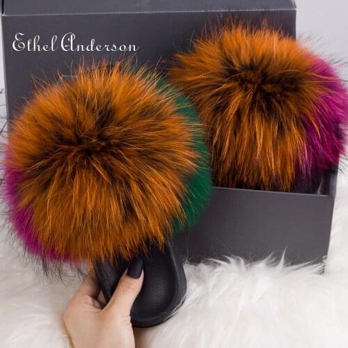 2020 Summer Women Furry Slides Cute Hot Fox Fur & Raccoon Fur Slide Home Slippers Fluffy Sandals Platform Fuzzy Shoes Sandalias