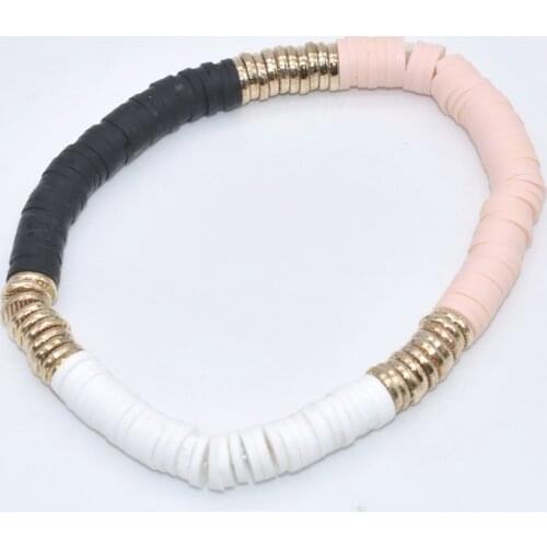 Triple Colors Pink Whie Black Polymer Cay Spacers Brush Gold Zinc Alloy Metal Disc Bracelet For Women