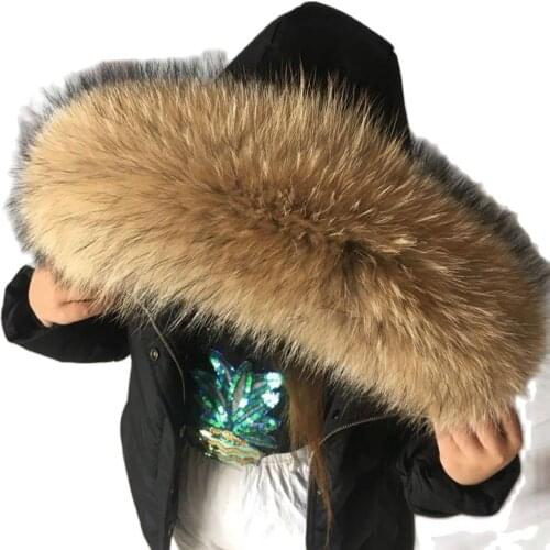 100% Real Fur Collar For Parkas Coats luxury Warm Natural Raccoon Scarf Women Large Fur Scarves Male Down jacket fur hat 75 70cm