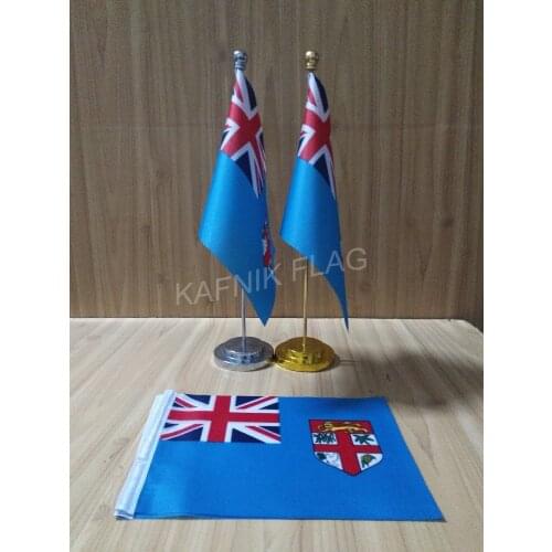 KAFNIK,Fiji Office table desk flag with gold or silver metal flagpole base 14*21cm country flag free shipping