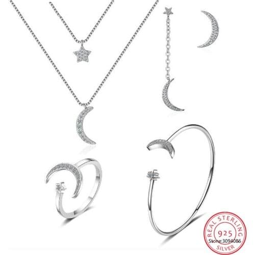 925 Sterling Silver Jewelry Sets Zirconia Moon Star Necklace+Earrings+Ring+Bracelet For Women Wedding Jewelry Bijoux