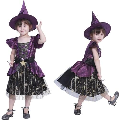 4-12 Years Halloween Kids Suit Set Baby Girl Magician Purple Star Patterns Square Neck Fly Sleeve Dress + Solid Color Hat Party