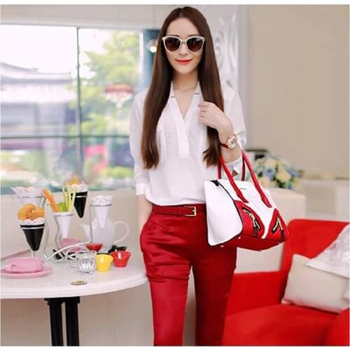 Sweet V-neck Shirt + Ankle-length Pants Women Sets Summer Women Sets Two Piece OL Fresh Office Wear White Three Quarter
