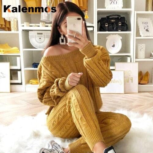 2 Piece Set Sweater Top and Pant Women Autumn Tracksuit Knitted Solid Suit O-Neck Pullover Outwear Long Pants Casual Outfits