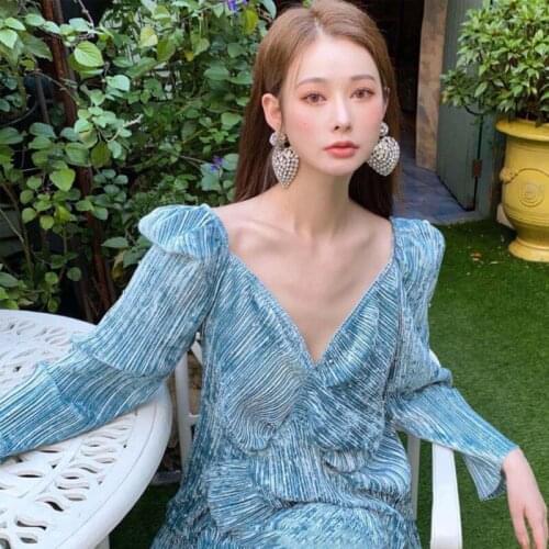 Velvet Dress Women V-Neck Ruffled Irregular Dress French Blue Folds Temperament Dress Beach Party Dress 2021 Summer New Fashion