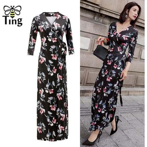 Tingfly Women Boho Floral Print Maxi Wrap Dress Fashion V neck Wrap Around Front Slip Long Dress Casual Vestidos Plus Size 2XL
