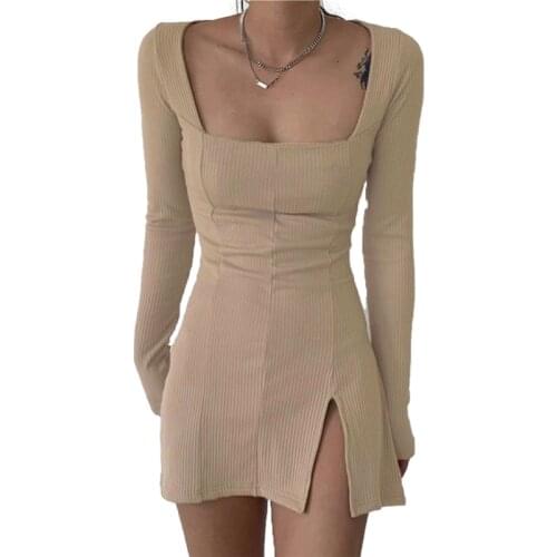 Women Autumn Clothes Long Sleeve Knitted Dress Square Collar Mini Dress Side Split Skinny Dresses Black Khaki Femme Vestidos