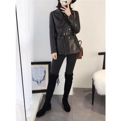 YYCZF New Women Genuine Sheep Leather Coat Lady Femalegenuin Leather Jacket Woman Double Breasted Belt Slim Black Coats Trench