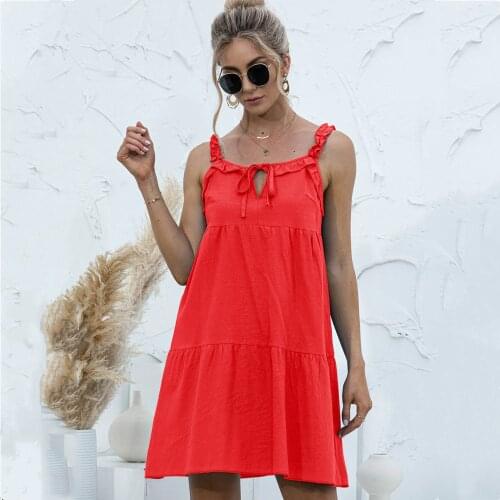 Womens Sexy Sling Ruffle Lace-Up Hollow Out Dress Summer Fashion Casual Solid Color Sleeveless High Waist Patchwork Mini Dresses