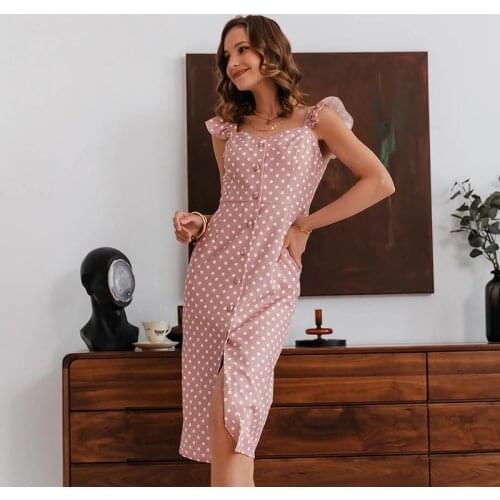 2021 New Women Ruffle Sleeveless Polka Dot Print Pink Slim Party Dress Elegant Summer Dress Split Buttons Maxi Dresses