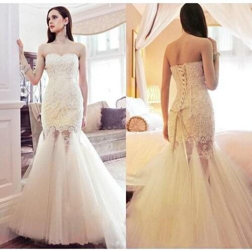 Exquisite Cheap Wedding Dresses Mermaid Sweetheart vestido de novia Tulle Sequins Applique Lace Wedding Bride Gowns Lace Up