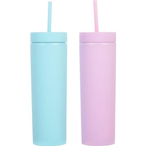 450mL Double Layer Straw Cup Outdoor Travel Portable Water Cup Pure Color Water Bottle Fitness Sports Frosted Water Bottle