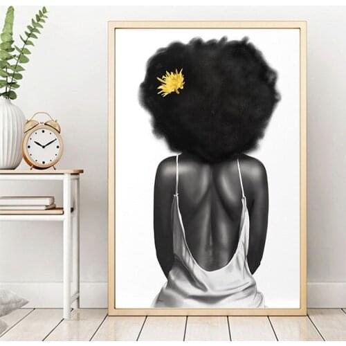 Black And White Curly Girl Back View Posters And Prints Canvas Painting Black Person Flower Wall Art Pictures Home Decoration