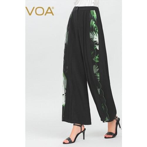 VOA Black Silk 36m/m Heavy Weight Feather Printing Splicing Yoke Pleated Mesh Loose Leaf Micro Elastic Wide Leg Pants K1157