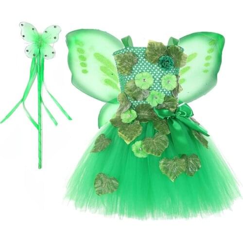Aqua Fairy Garden Flower Girl Princess Dress Kid Baby Party Wedding Tutu Dress for Baby Girl Clothes Halloween Costume +Wing Set