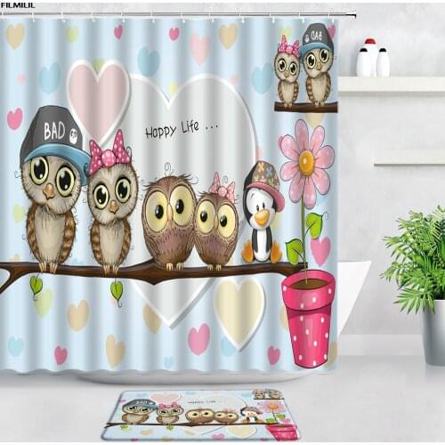 Cute Owl Kids Shower Curtains Bath Mats Set Cartoon Animal Children Bathroom Decor Bedroom Door Pad Bathroom Rug Non-slip Carpet