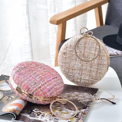 Elegant Women Evening Bag, Round Clutch Purse Handbag with Shiny Rhinestone Ring Handle