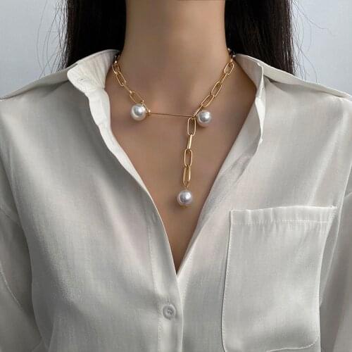 Flashbuy Vintage Long Geometric Chain Pearl Pendant Necklace for Women 2021 Personality Clavicle Necklace Collars Jewelry Teen