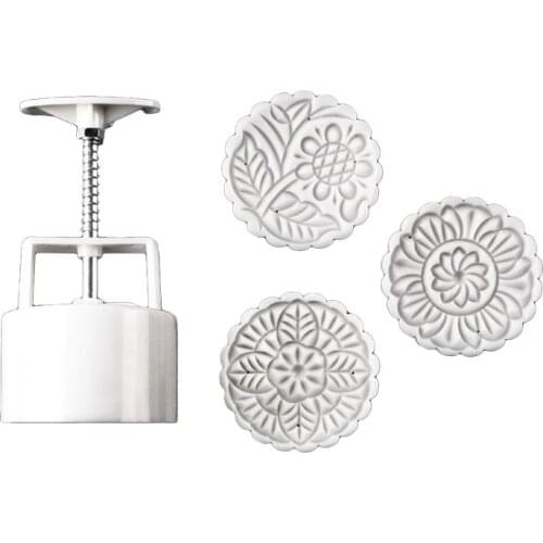 150g Mooncake Barrel Mold with 3pcs Flower Stamps Hand Press Moon Cake Pastry For Kitchen