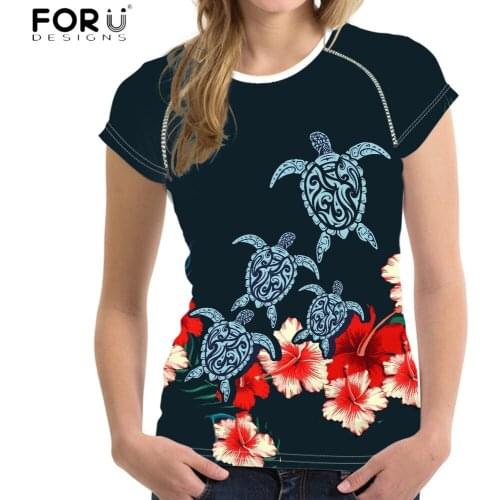 FORUDESIGNS New Style Women Soft Clothes Polynesian Tribal Floral Turtle Pattern Art Female Casual Round Neck T Shirts Camisetas