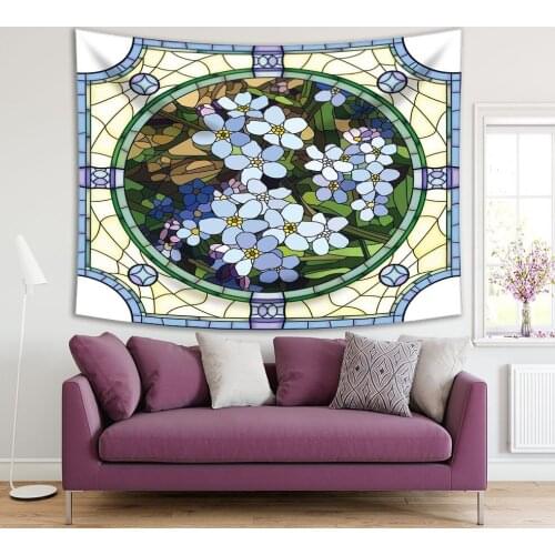 Tapestry Blue Flowers with Green Leaves Buds in Round Stained Glass Window Frame Mosaic Style Art Printed