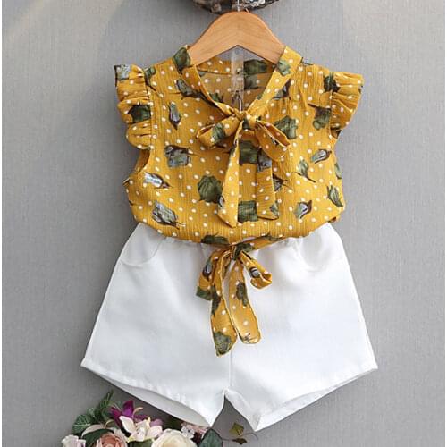 Girls Sets New Spring Summer Floral Children Sleeveless T-shirt+Solid Shorts 2PCS Kids Suit Fashion 3-7T Children Clothes