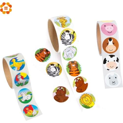 100PCS/Roll Round Cartoon Animal Paper Stickers Lion Gift Tags Jungle Safari Party Accessories Supplies DIY Biscuit Bag Decor