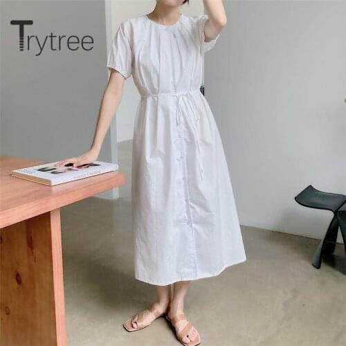 Trytree 2020 Summer Women Casual Dress O-neck Solid Single Breasted Dress Fashion Elegant Bandage 2 Color A-line Mid-Calf Dress