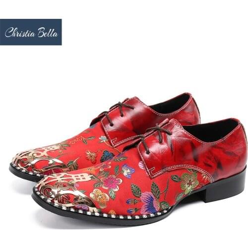 Christia Bella New Designer Floral Wedding Party Men Oxford Shoes Metal Toe Real Leather Brogue Shoes Lace Up Formal Men Shoes