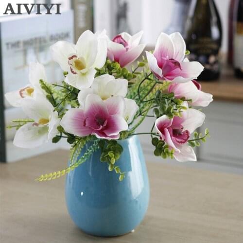 New silk Magnolia orchid flower 5 heads artificial cymbidium wedding bouquet flower decoration home party table accessories