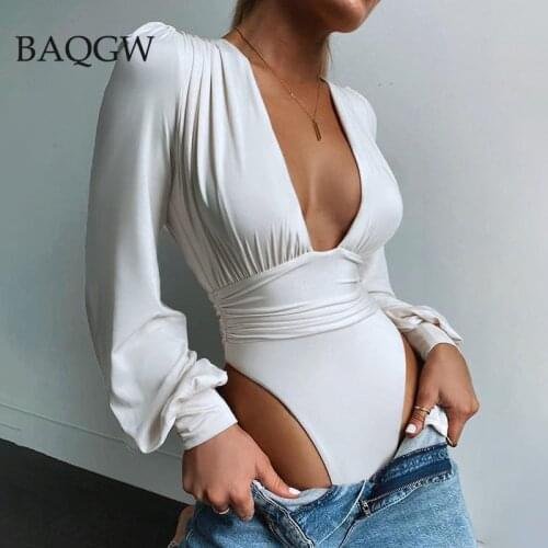 Low Cut Jumpsuits for Women 2020 Elegant Deep V High Waist Black Party Club Outfit Puff Long Sleeve Femme Sexy Bodysuit Solid