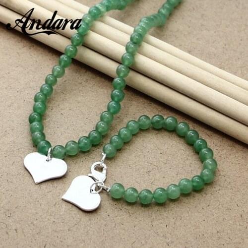 925 Sterling Silver Green Bead Necklace Bracelet Jewelry Set For Women Heart Pendant Necklace, Wedding Engagement Jewelry