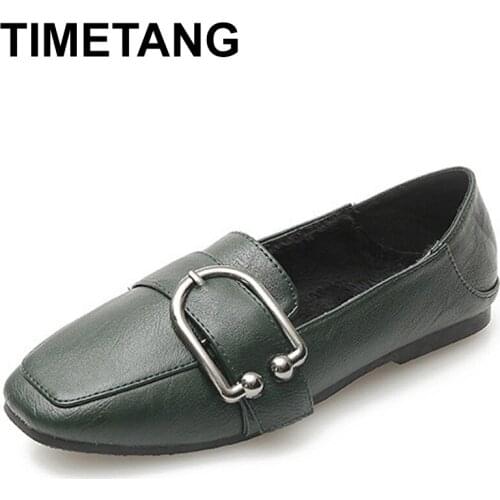 TIMETANGPlush Skin Brown Leather Shoes Woman Creepers Flats Metal Buckle Square Toe 2 Ways Lazy Moccasins Women Fluffy Fur Flats