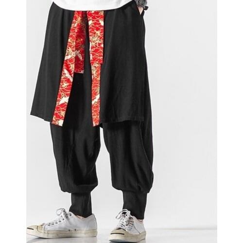 Japanese Fashion Casual Pants Trouser Plus Size Linen Harem Pants Crane Kimono Trousers Vintage Loose Tie Feet Drawstring KK3541