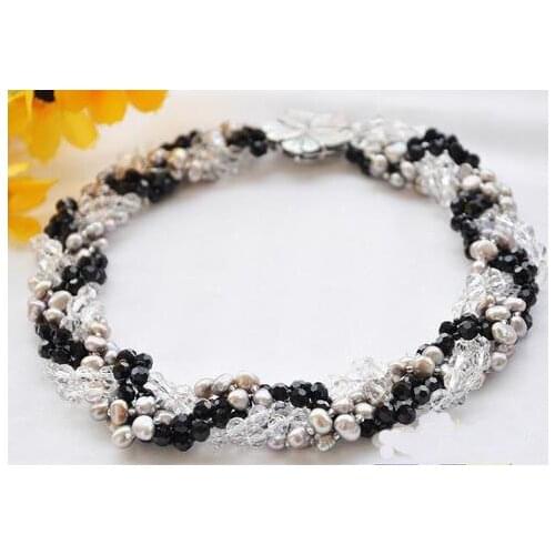 Wholesale Handwork Pearl Jewellery,6Rows 18inches Gray Baroque Pearls Clean Black Crystal Faceted Knit Necklace
