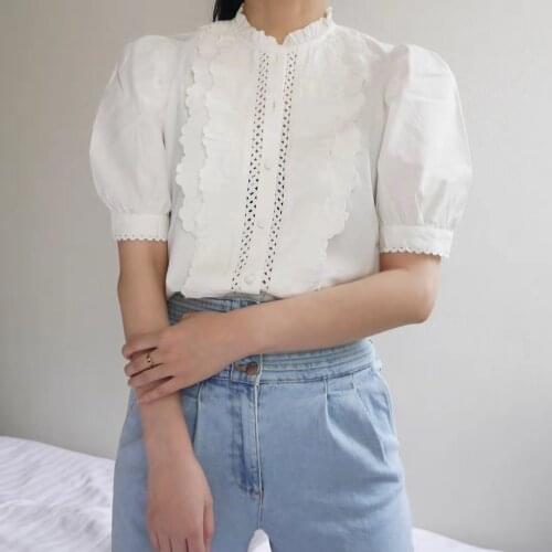 Women Shirt 2021 Summer Wave Lace Hollow Retro Pure Color White Puff Sleeve Shirt Top Women